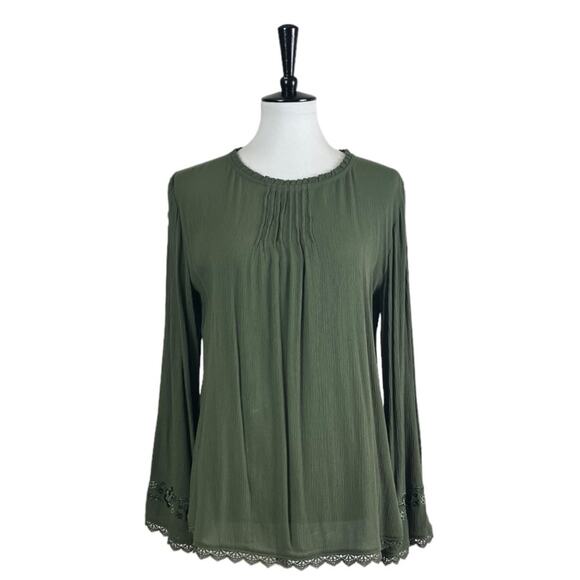 Time and Tru Blouse Boho Gauze Lace Pullover Olive Green Women’s Size Medium - Picture 13 of 13